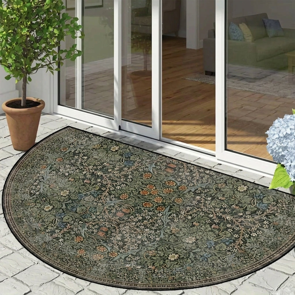 Decorative outdoor rug with floral pattern on a stone patio