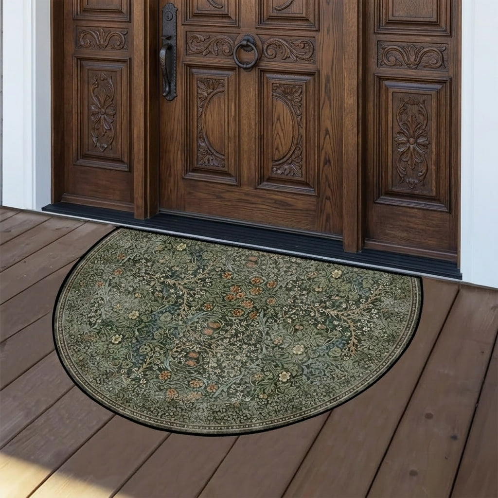 Decorative round rug on a wooden deck in front of a wooden door.