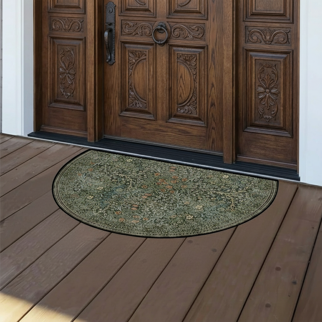 Decorative doormat on a wooden deck in front of a wooden door