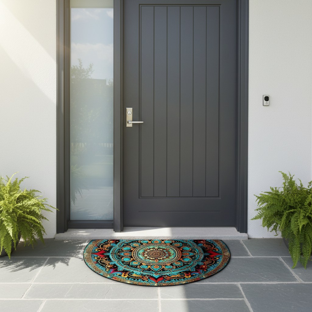 Decorative round doormat with a colorful mandala design in front of a dark gray door.