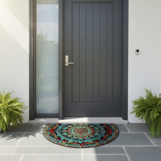 Decorative round doormat with a colorful mandala design in front of a dark gray door.