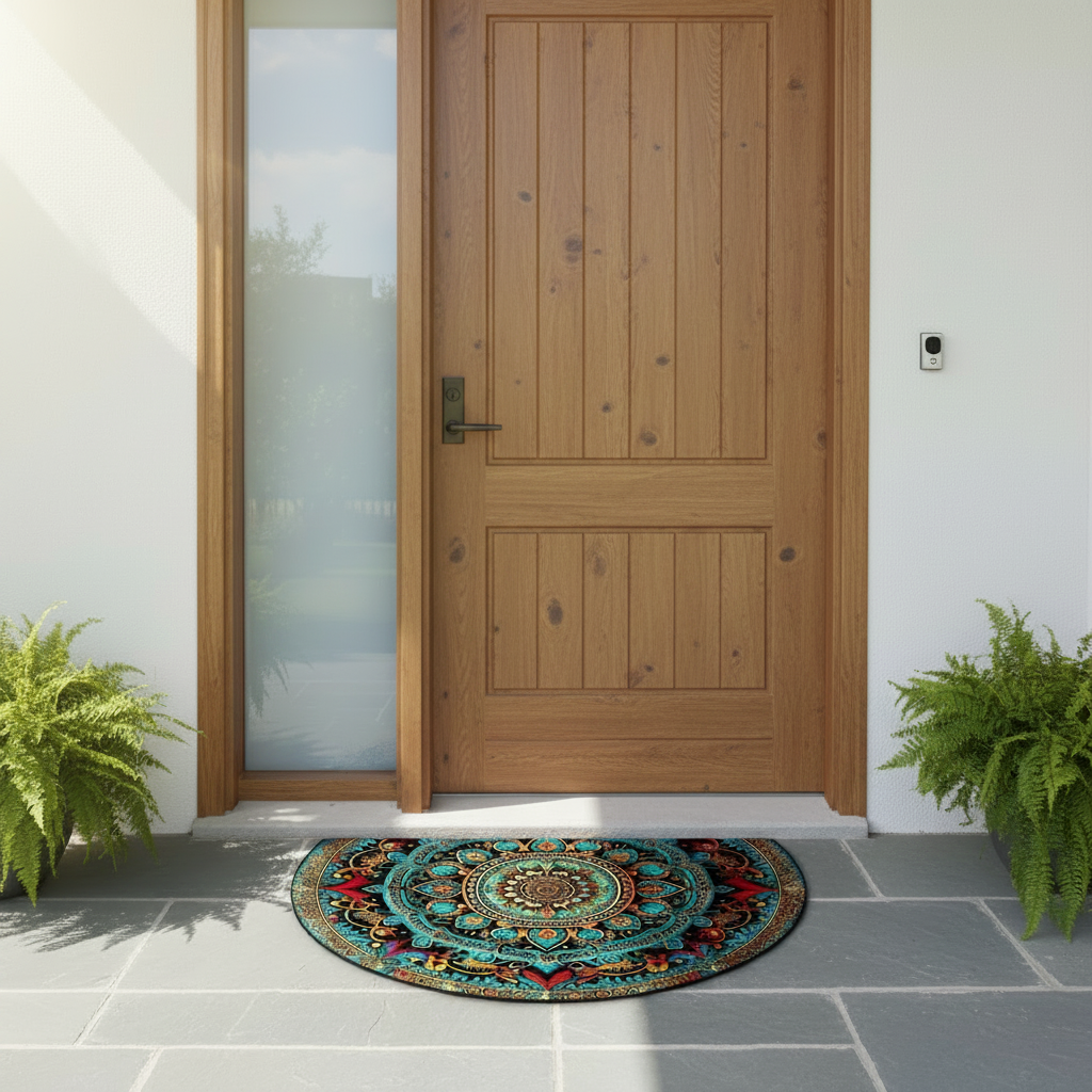 Decorative round mat with a colorful mandala design in front of a wooden door.