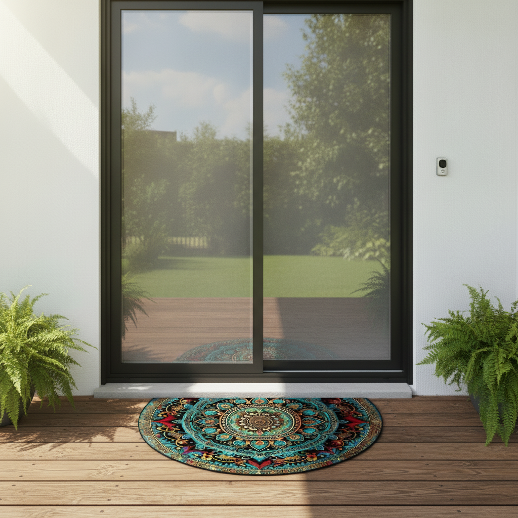 Decorative round rug with a colorful mandala design on a wooden deck.