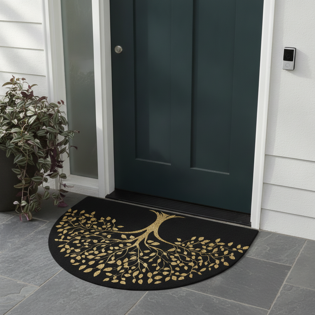 Decorative black doormat with gold leaf pattern in front of a dark green door.