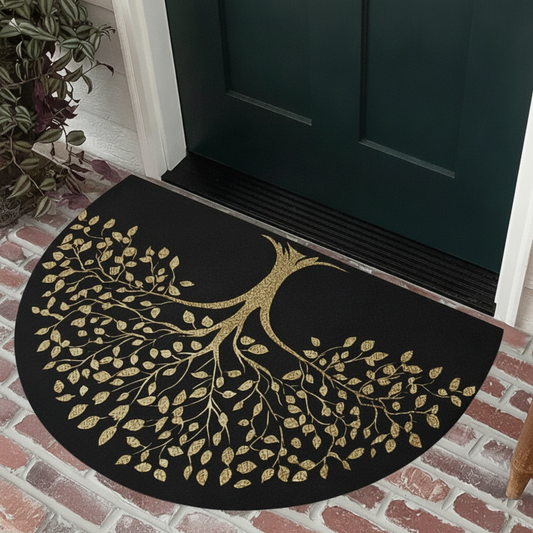 Decorative doormat with gold tree design on a black background in front of a door.