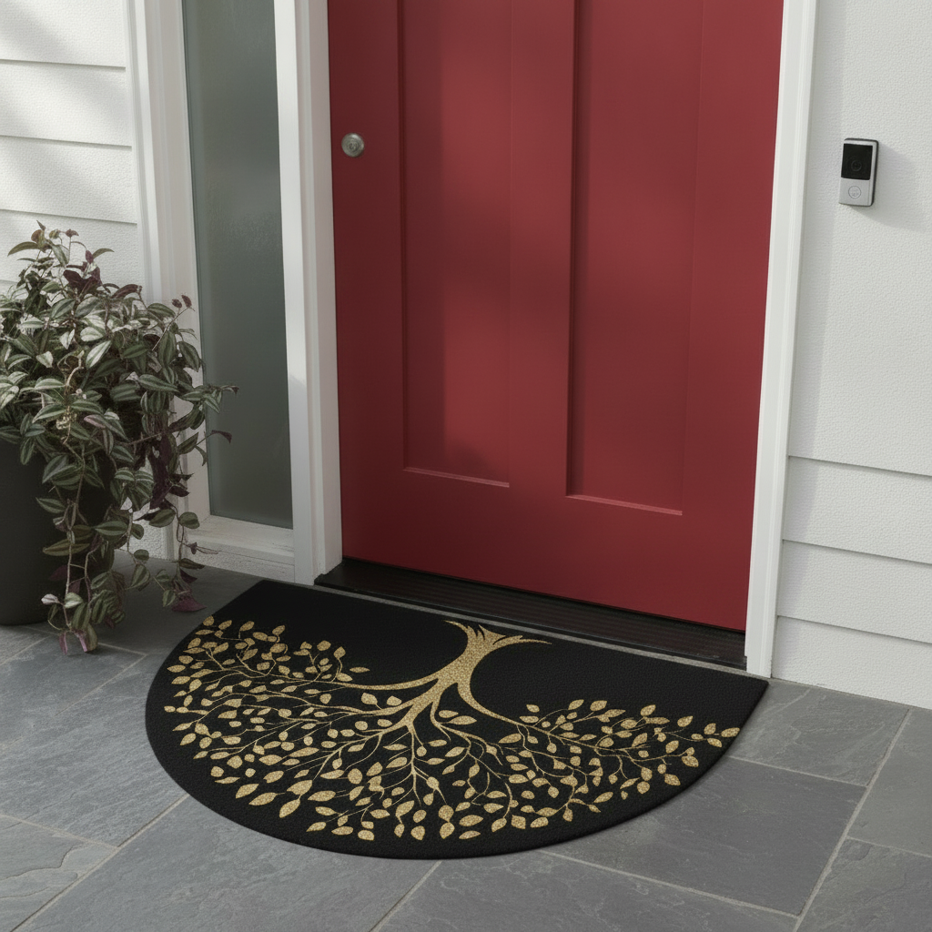 Black doormat with gold tree design in front of a red door