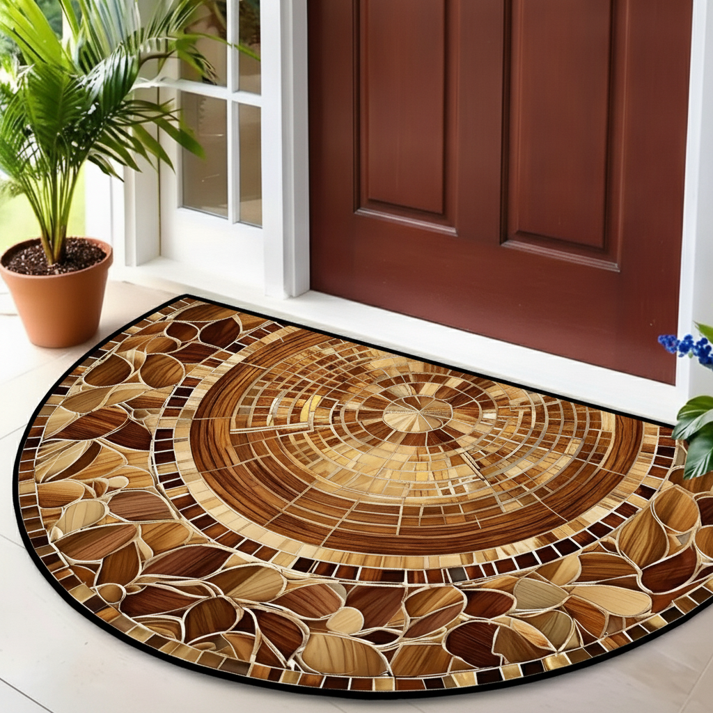 Round mosaic rug with brown and beige patterns in front of a brown door.