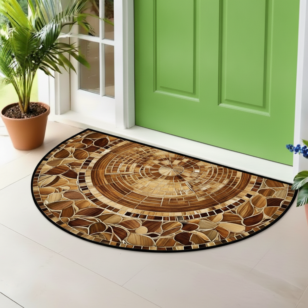Round decorative rug with a mosaic pattern in front of a green door