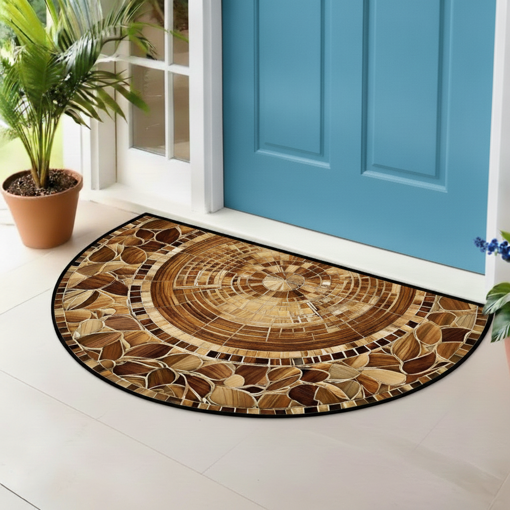 Decorative round doormat with a mosaic design in front of a blue door.