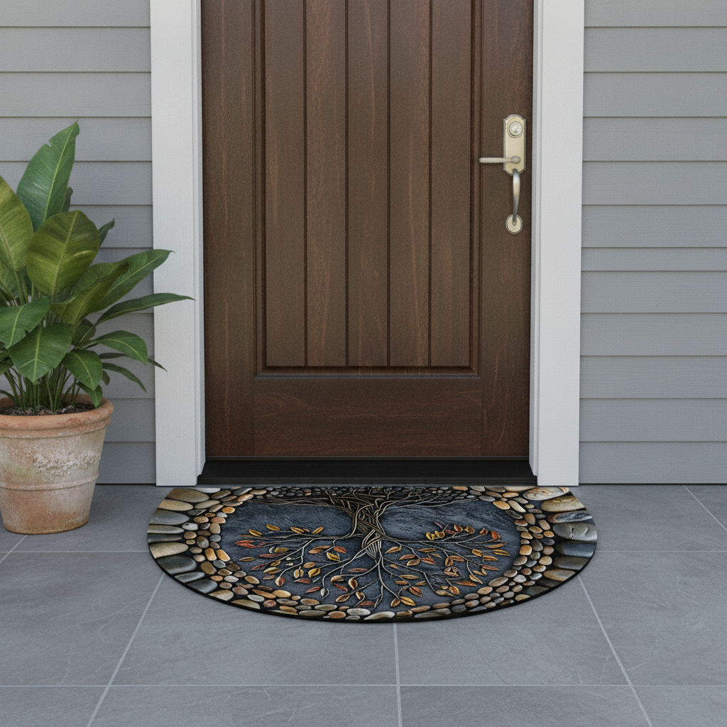 Decorative doormat with tree design in front of a wooden door on a gray tiled porch.