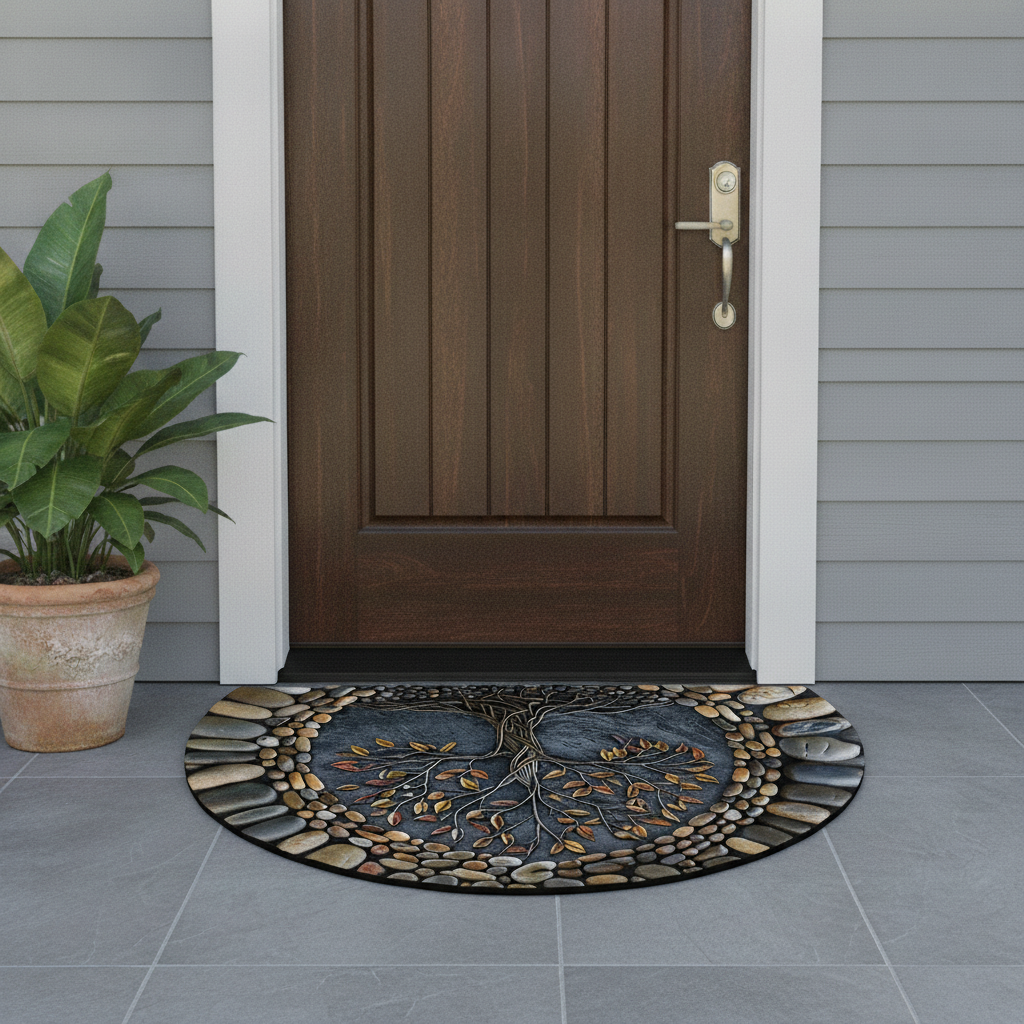 Decorative doormat with tree design in front of a wooden door on a gray tiled floor.