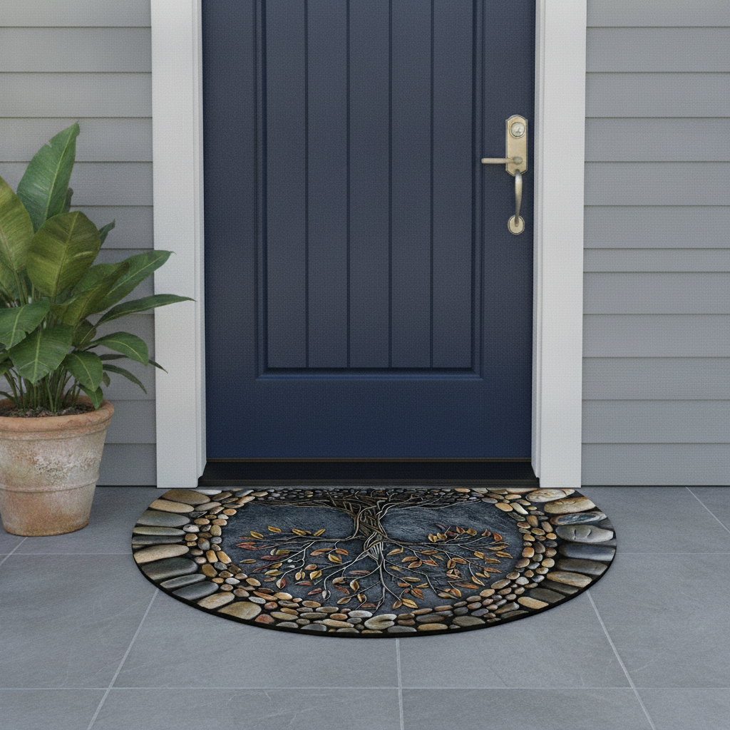 Decorative doormat with tree design in front of a blue door on a gray tiled floor.