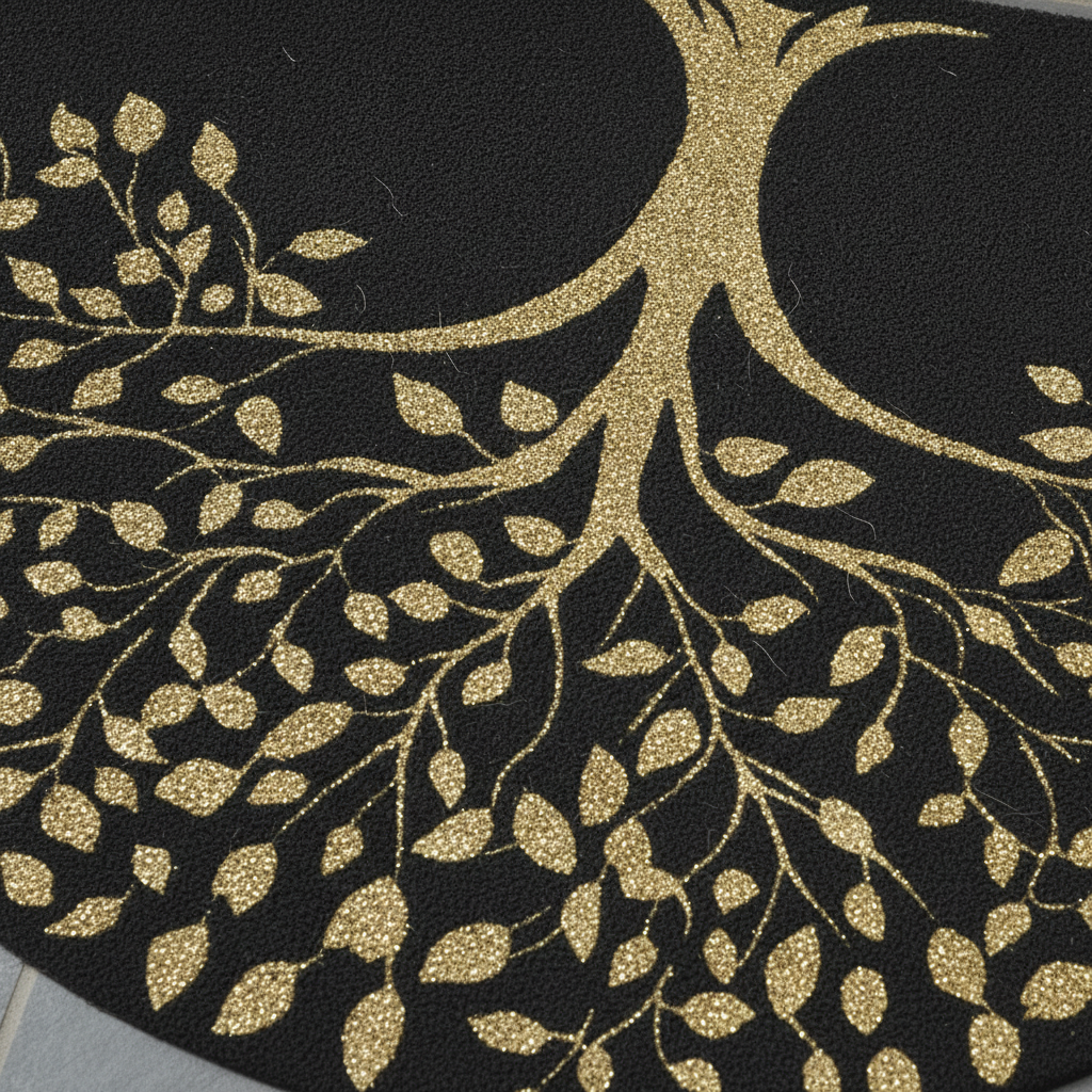 Decorative mat with gold tree design on a black background
