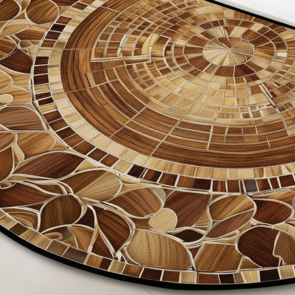 Round wooden mosaic table with a concentric circle design on a white background