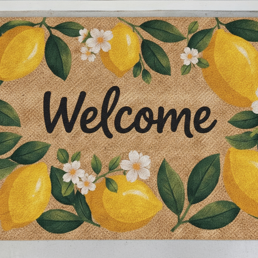 Doormat with lemons, flowers, and the word 'Welcome' on a beige background