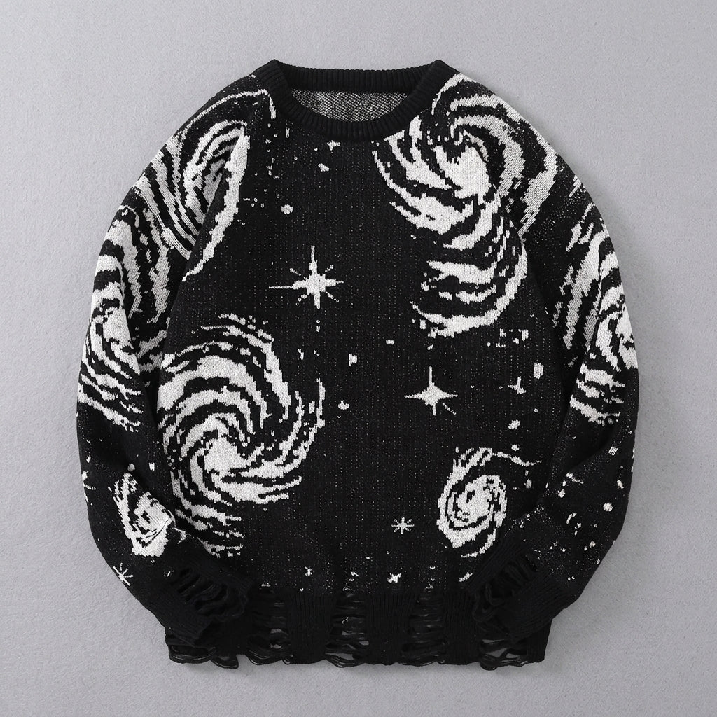 Black sweater with white galaxy pattern on a gray background