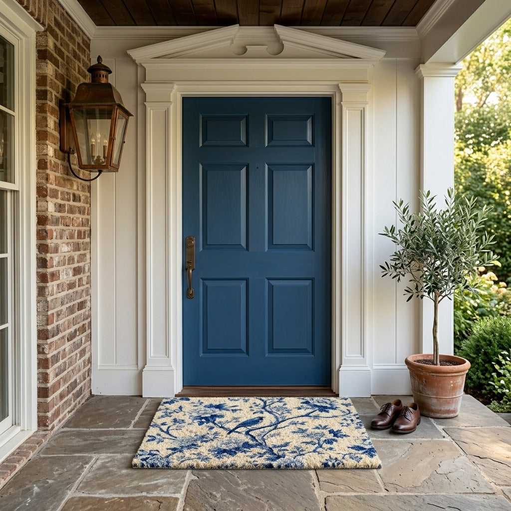 French Blue-White Felt Floor Mat Bird Flannel Non-Slip Rubber Base 1