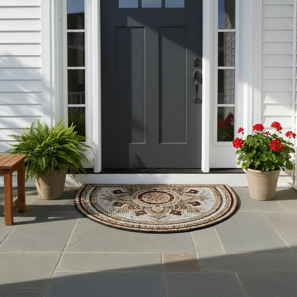 Decorative doormat in front of a gray door with potted plants on either side.