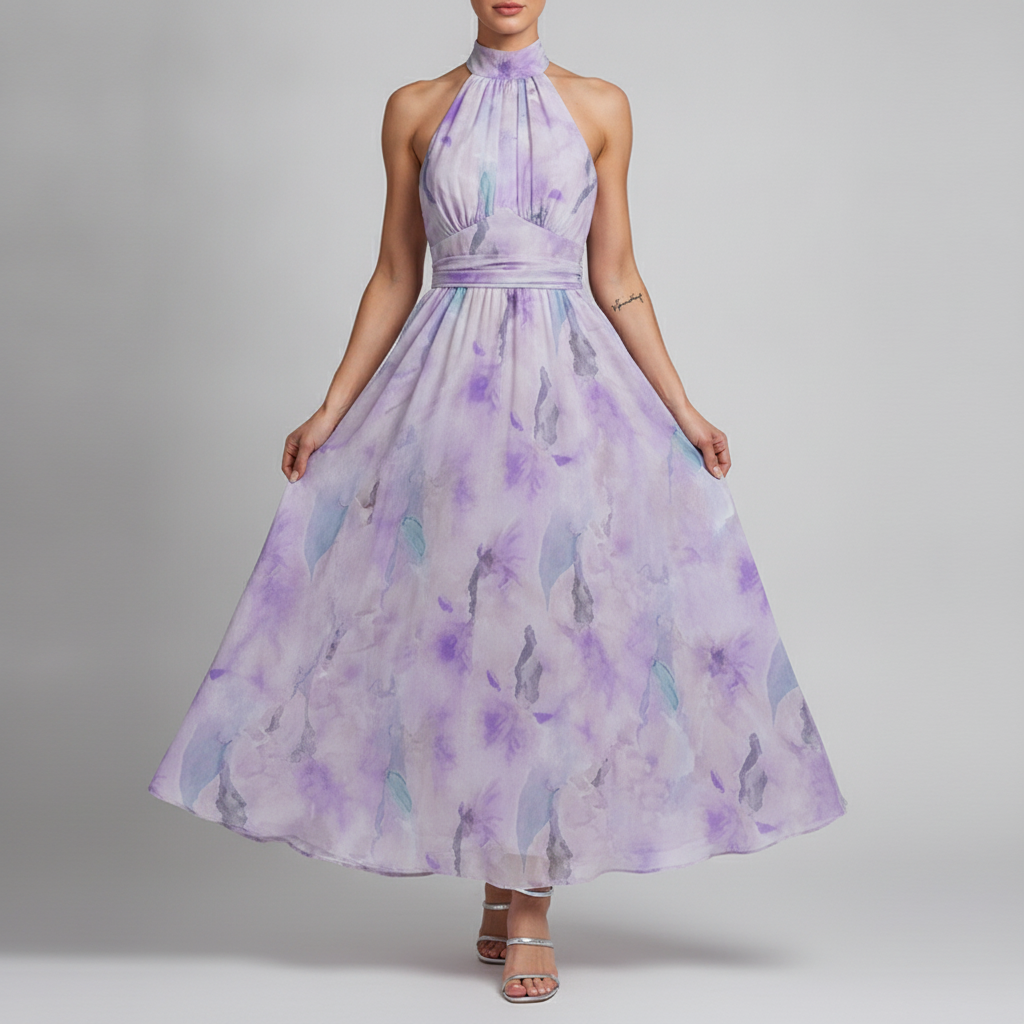 Elegant Watercolour Collection | Floral Maxi Dress with Halter Neck Design | Flowing Summer Style for Effortless Elegance
