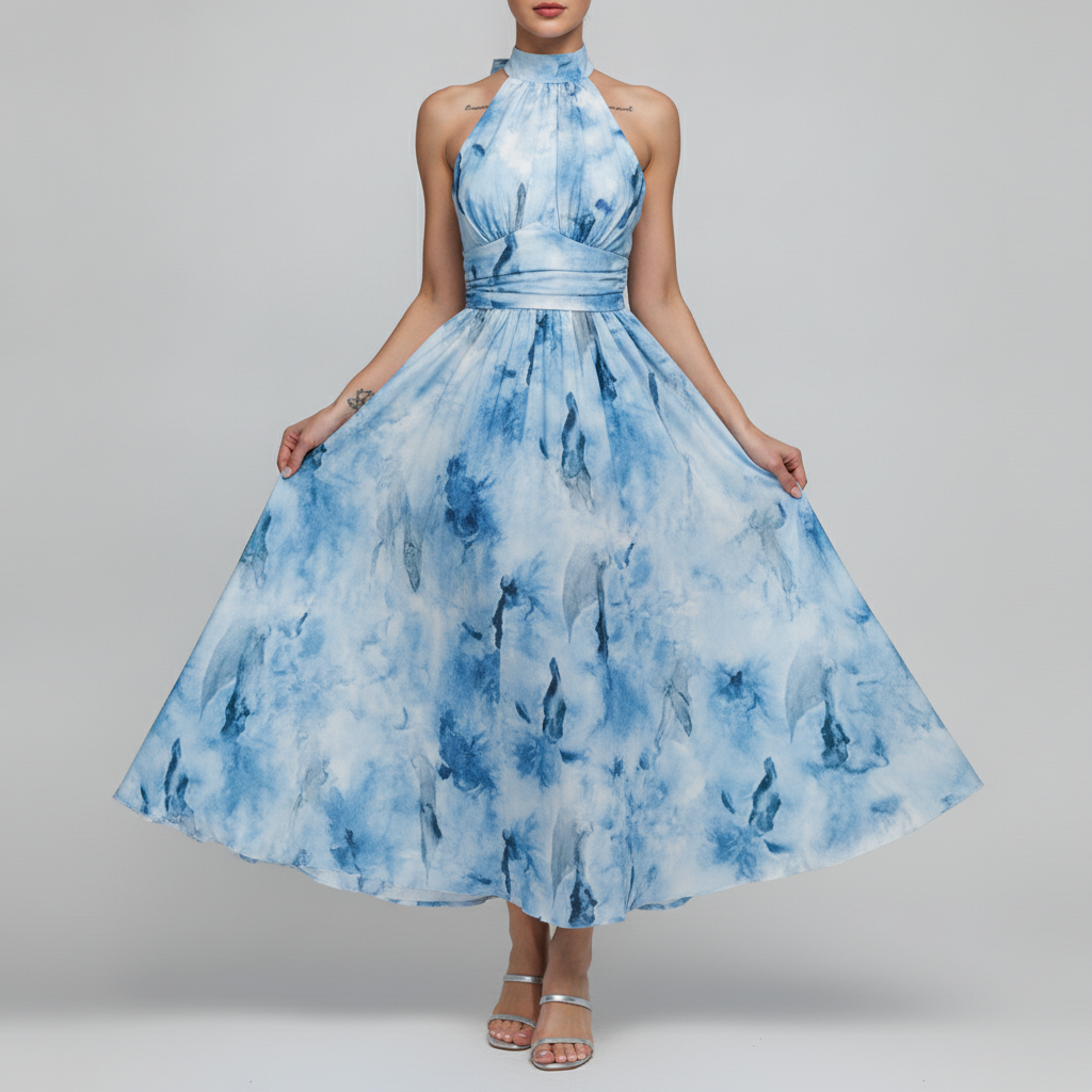 Elegant Watercolour Collection | Floral Maxi Dress with Halter Neck Design | Flowing Summer Style for Effortless Elegance