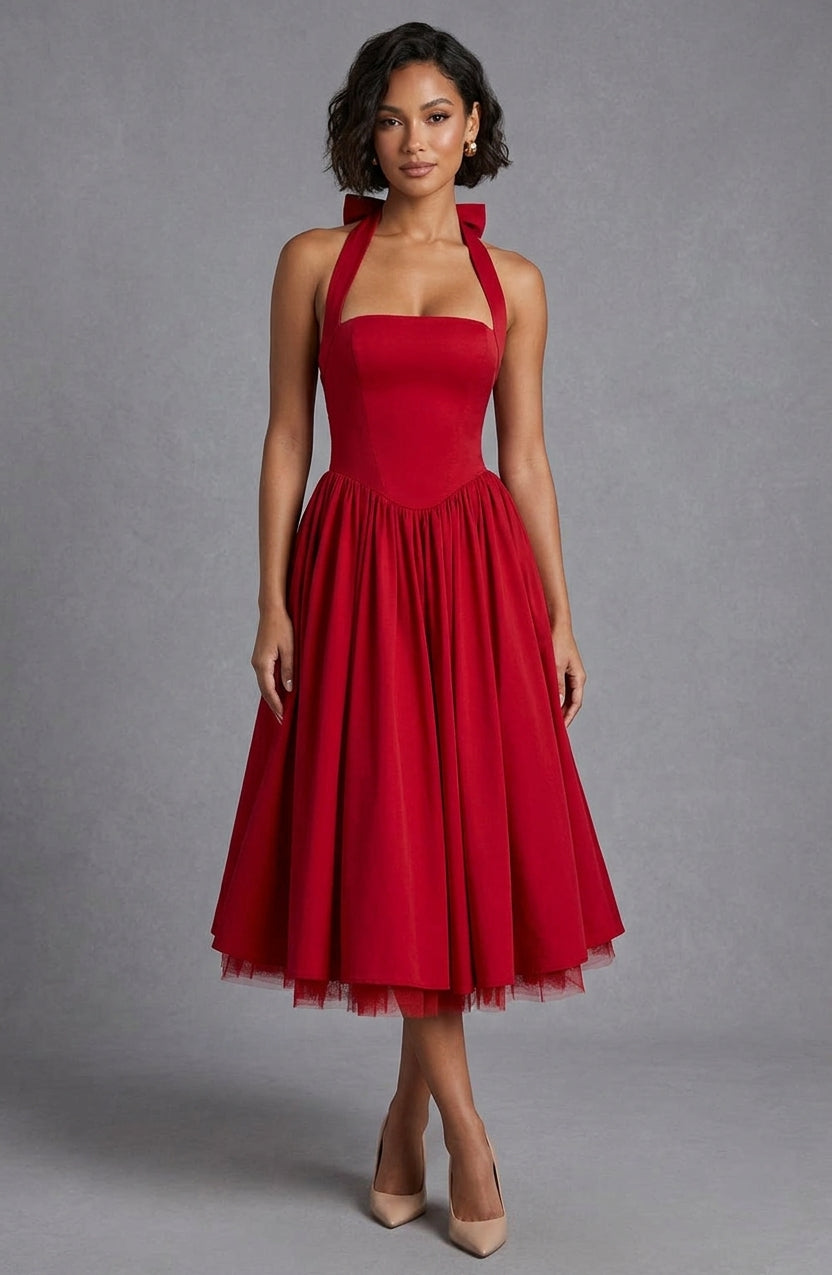 Elegant Esplendor | Wedding Guest Midi Dress with Fitted Bodice | Timeless Style for Bridal Moments