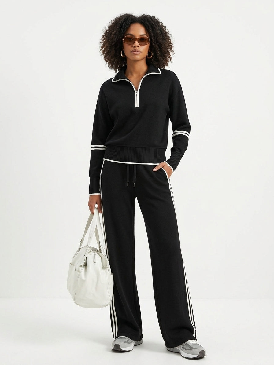 Retro Sporty Set | Half-Zip Sweater & Wide-Leg Pants for Comfort