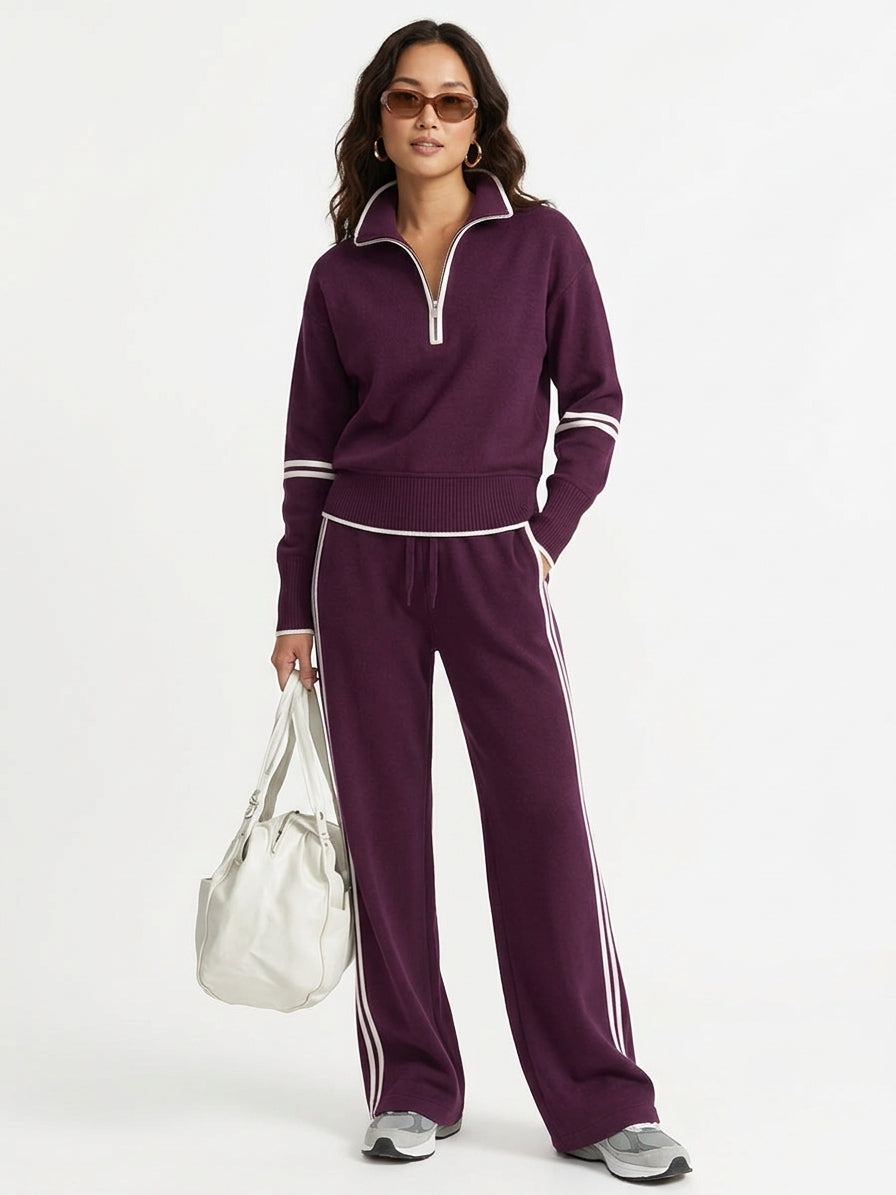 Retro Sporty Set | Half-Zip Sweater & Wide-Leg Pants for Comfort