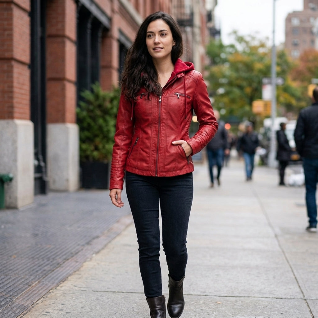Elegant Women's Leather Jacket with Removable Hood | Waterproof & Windproof Design for All Seasons