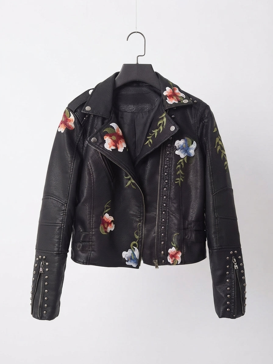 Embroidered Rivet Detail Leather Jacket 1