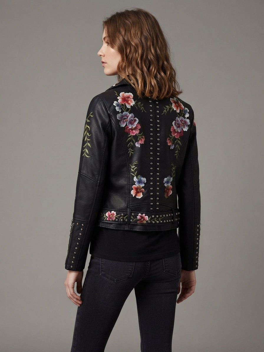 Embroidered Rivet Detail Leather Jacket 3
