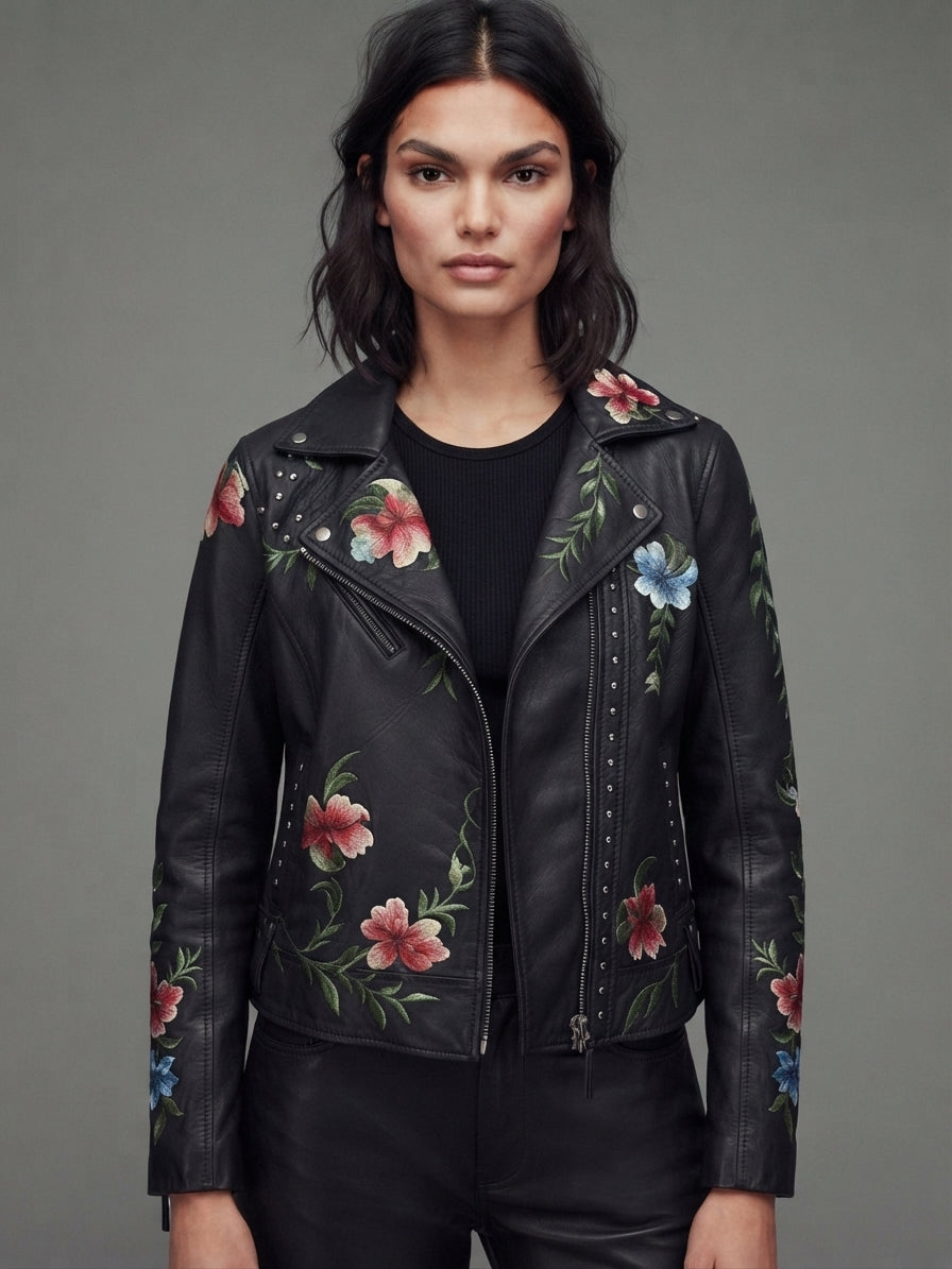 Embroidered Rivet Detail Leather Jacket 2