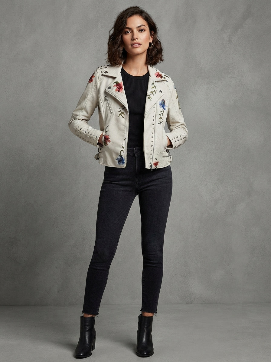 Embroidered Rivet Detail Leather Jacket 4