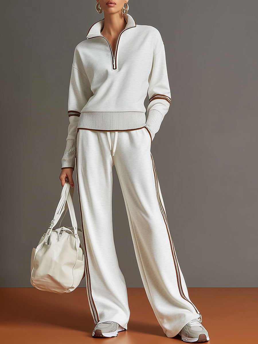 Retro Sporty Set | Half-Zip Sweater & Wide-Leg Pants for Comfort