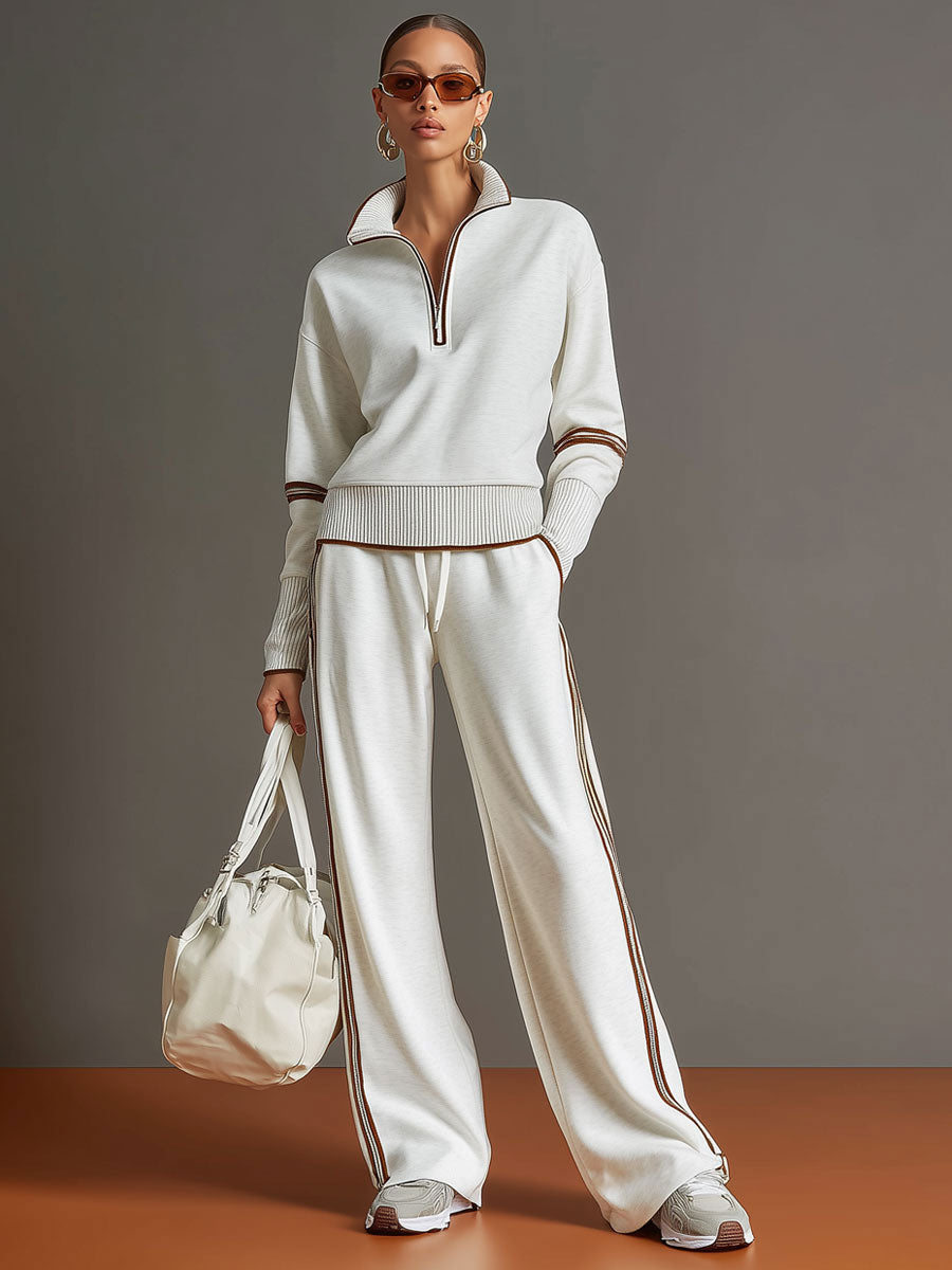Retro Sporty Set | Half-Zip Sweater & Wide-Leg Pants for Comfort
