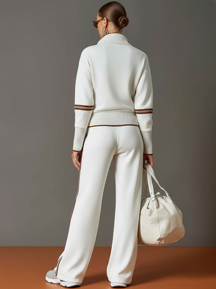 Retro Sporty Set | Half-Zip Sweater & Wide-Leg Pants for Comfort