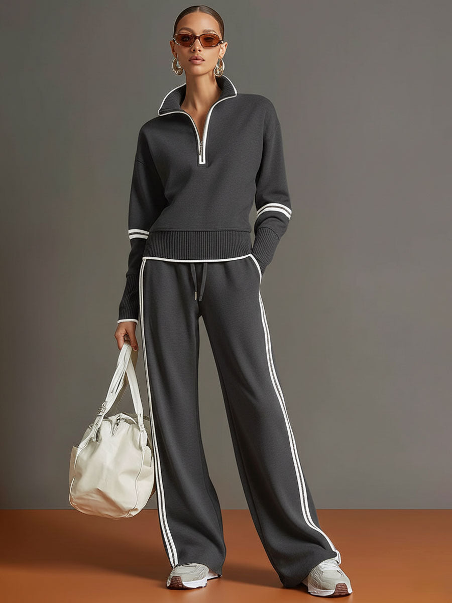 Retro Sporty Set | Half-Zip Sweater & Wide-Leg Pants for Comfort