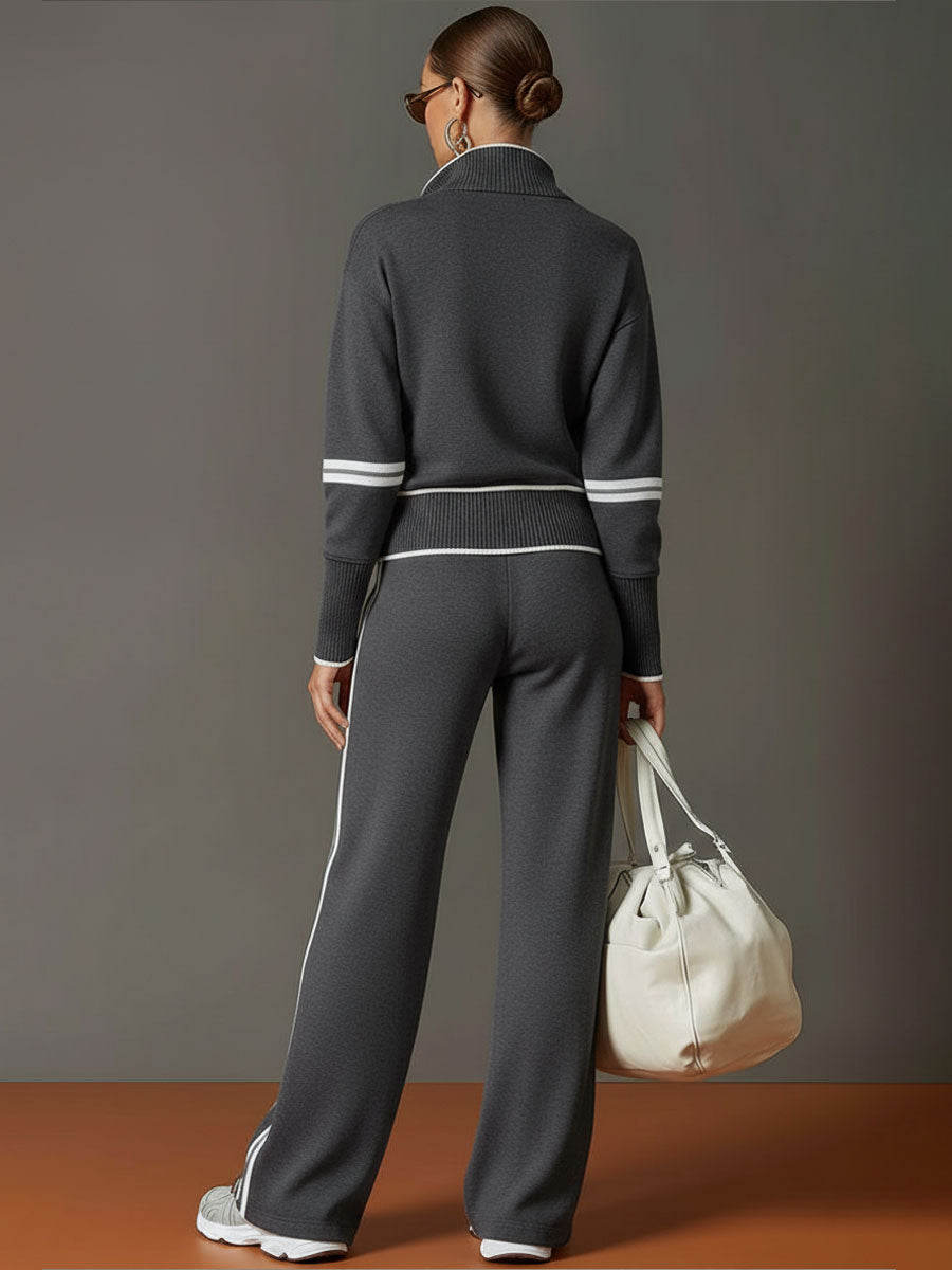 Retro Sporty Set | Half-Zip Sweater & Wide-Leg Pants for Comfort