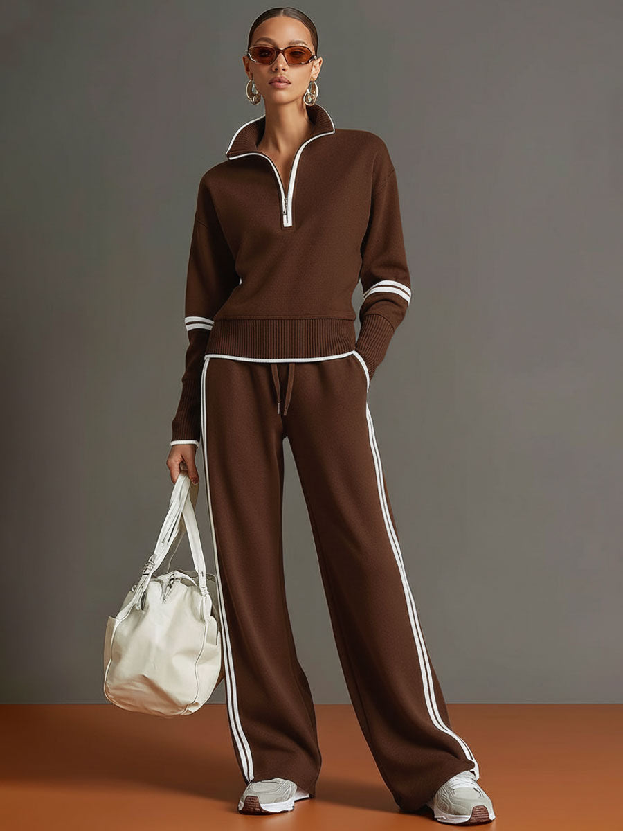 Retro Sporty Set | Half-Zip Sweater & Wide-Leg Pants for Comfort