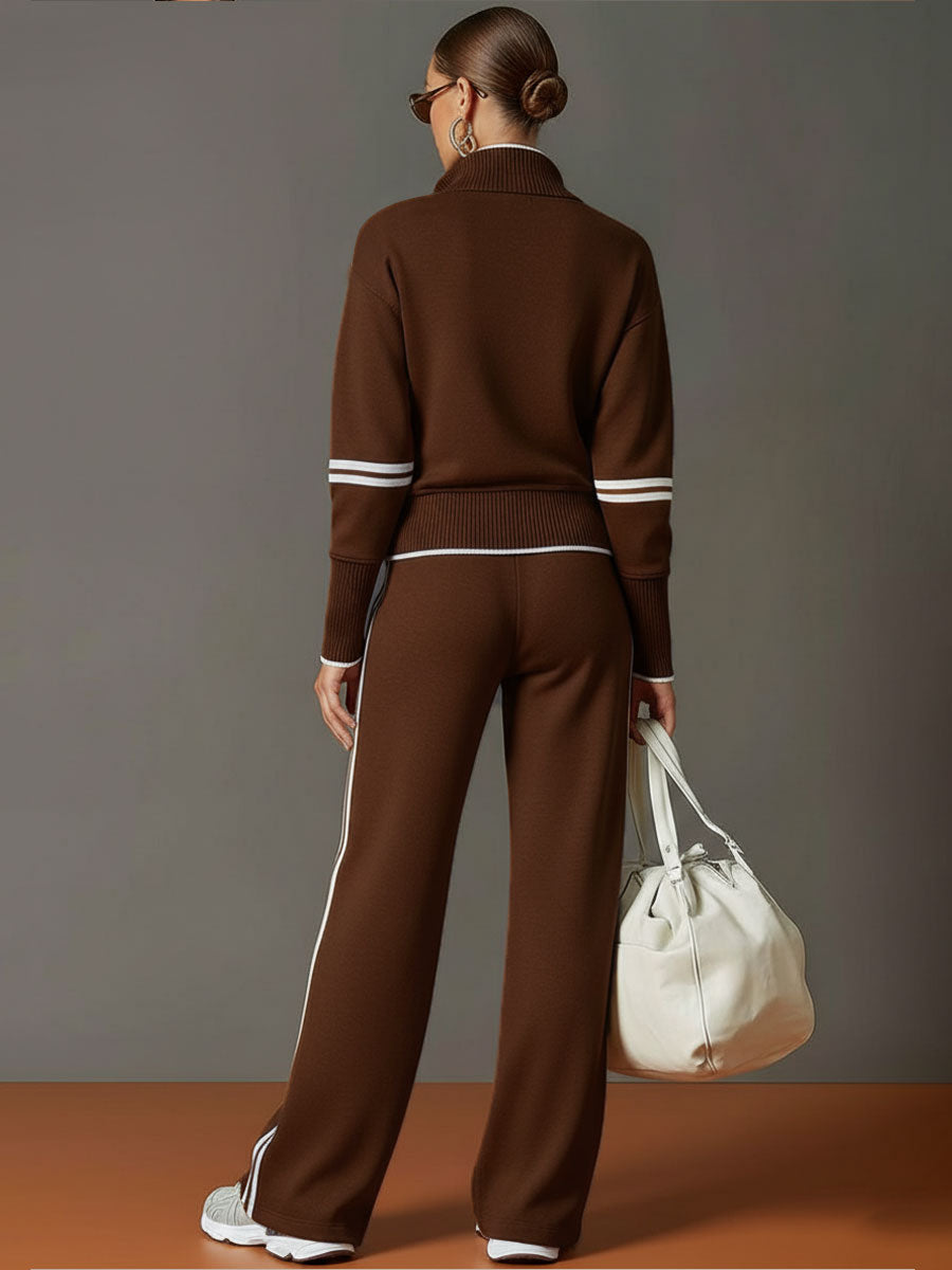 Retro Sporty Set | Half-Zip Sweater & Wide-Leg Pants for Comfort