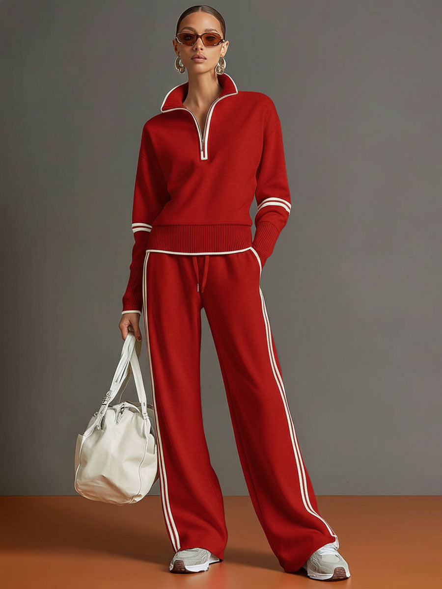 Retro Sporty Set | Half-Zip Sweater & Wide-Leg Pants for Comfort