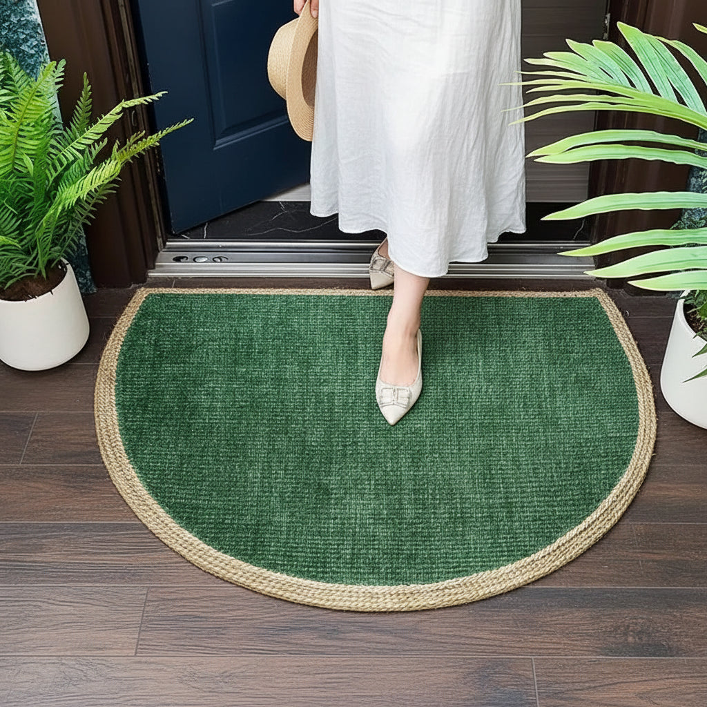 Semicircular Velvet Floor Mat Green Beige Pattern 40x60cm 3