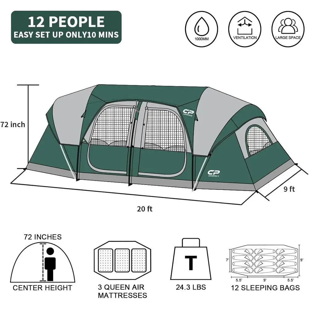 Spacious Family Camping Tent | 12-Person Waterproof Design with Quick Setup | Ideal for Outdoor Adventures